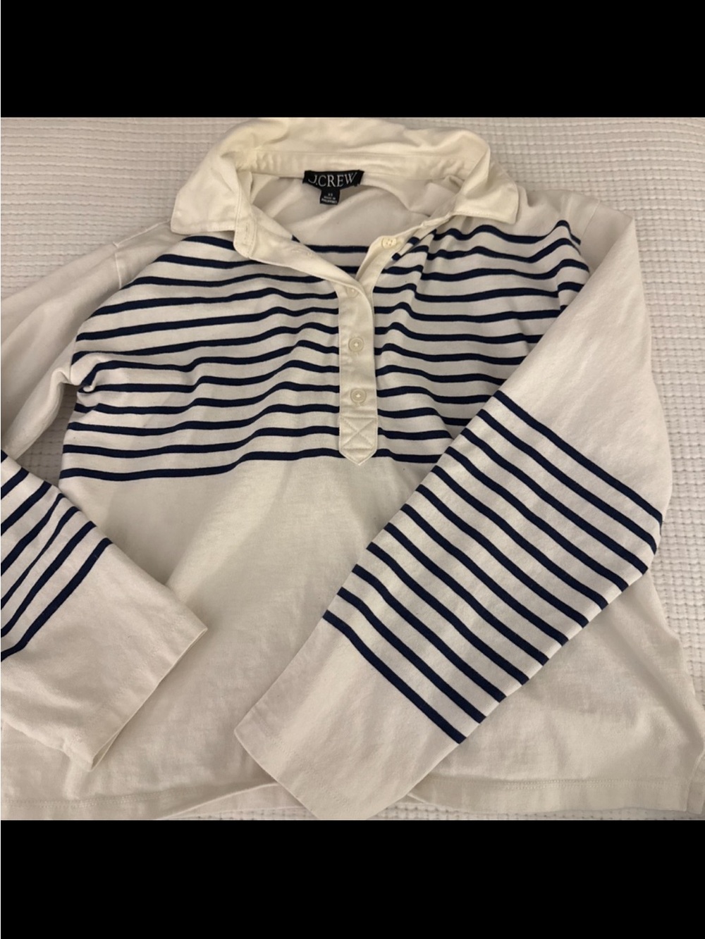J. Crew White Long-Sleeve Striped Polo Top with Navy Accents